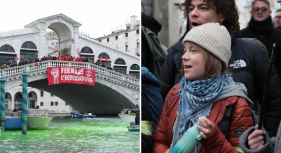 Greta é expulsa de Veneza após pintar canal de verde em protesto Greta é expulsa de Veneza após pintar canal de verde em protesto